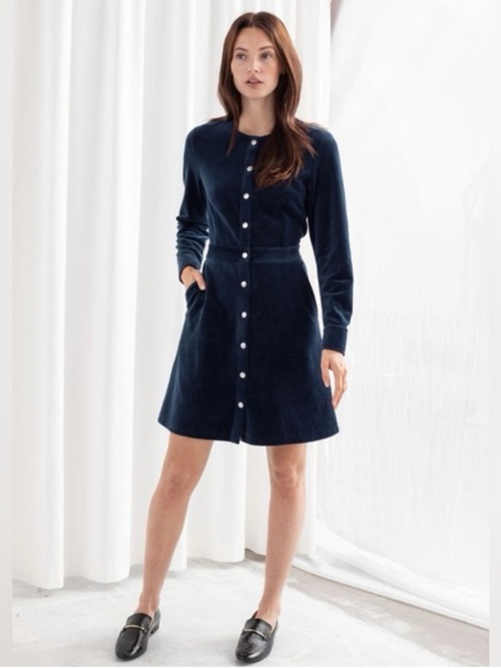 & Other Stories Navy Velvet Button-Front Mini Dress, Size 10